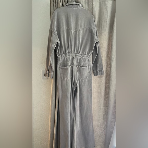 Zara Taupe Denim Flare Leg Split Hem Jumpsuit Overalls Coveralls Blogger Fav - Picture 10 of 13